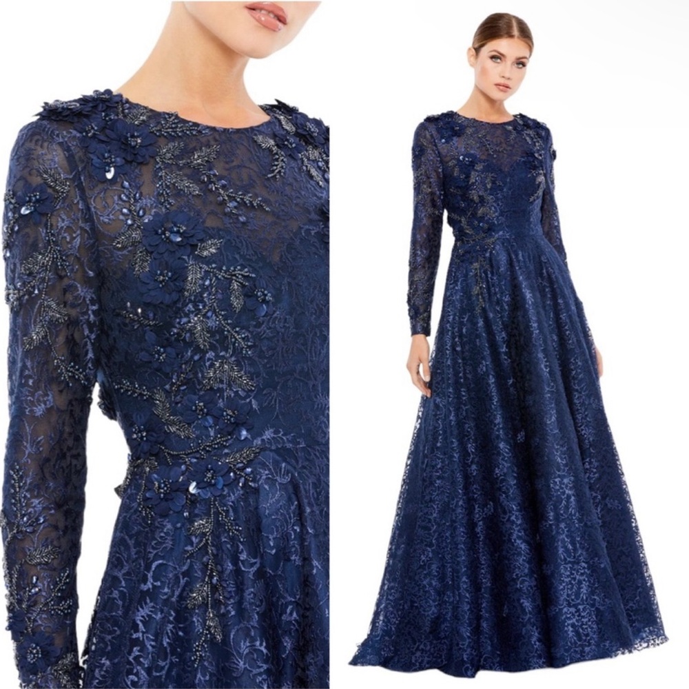 NWT MAC DUGGAL Embellished Illusion A-line Gown Navy Floral Lace 14 Gown 11121